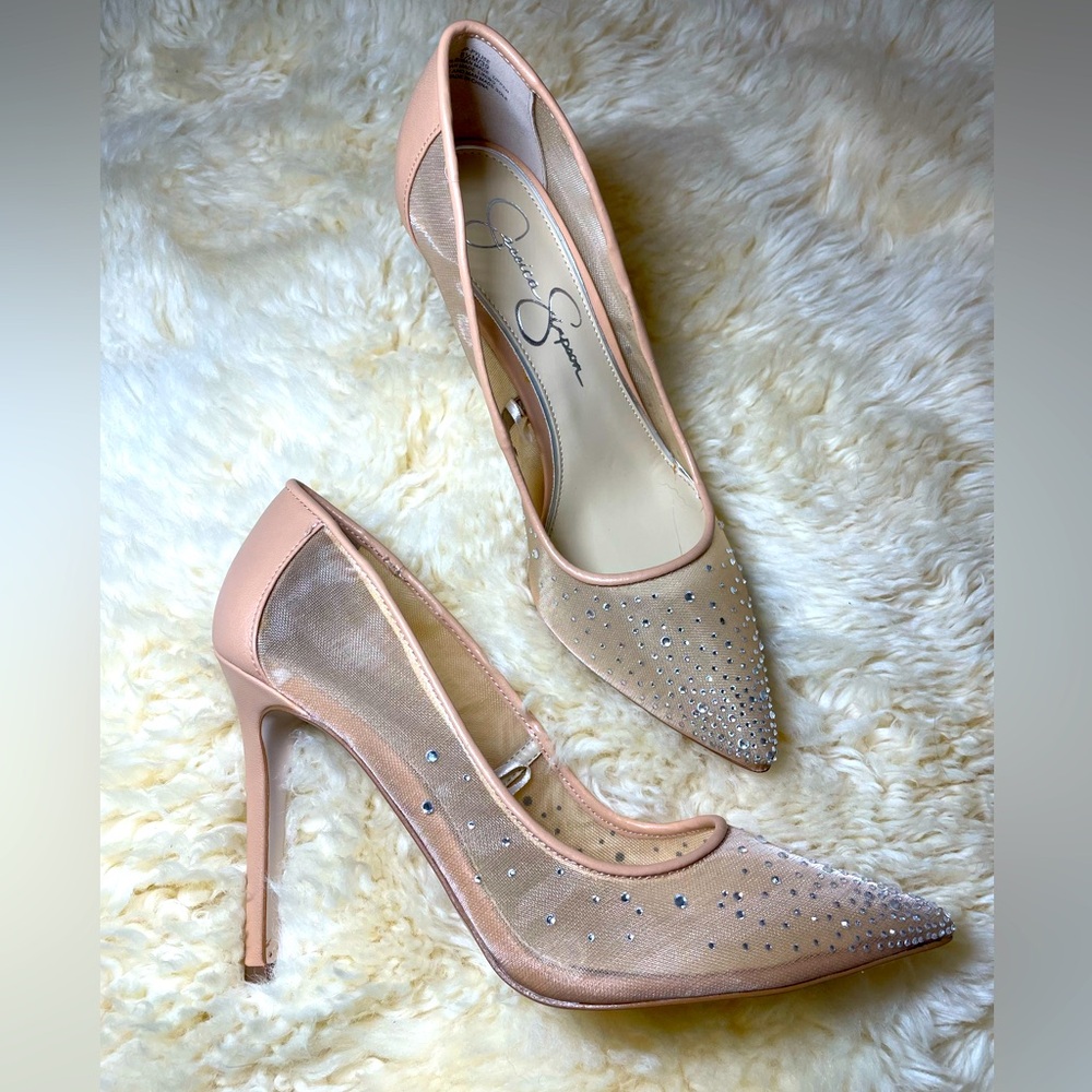Jessica Simpson Pylise rhinestone embellished mesh nude pointed toe high heels